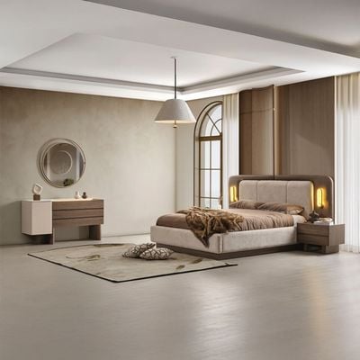 Somahus 180X200 Upholsterd King Bed Set With 2 Night Stand With Led And Dresser Mirror Stool-Walnut/Brown