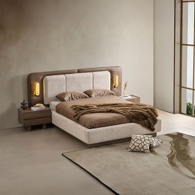 Somahus 180X200 Upholsterd King Bed Set With 2 Night Stand With Led And Dresser Mirror Stool-Walnut/Brown