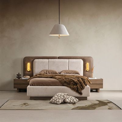 Somahus 180X200 Upholsterd King Bed Set With 2 Night Stand With Led And Dresser Mirror Stool-Walnut/Brown