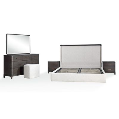 Tokishi 180X200 Upholestred King Bed Set w/ 2 Night Stand and Dresser Mirror Stool Solid Wood - Dark Wenge/Brushed Bronze