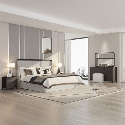 Tokishi 180X200 Upholestred King Bed Set w/ 2 Night Stand and Dresser Mirror Stool Solid Wood - Dark Wenge/Brushed Bronze