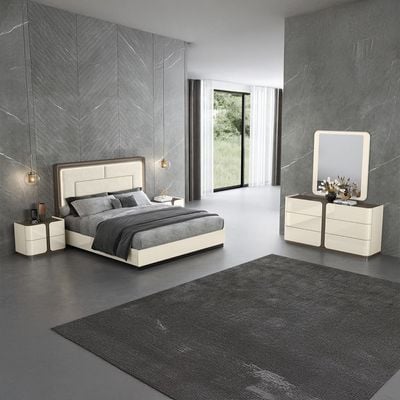 Shine 180X200 King Bed Set w/ LED and 2 Night Stand w/ Dresser Mirror - Beige