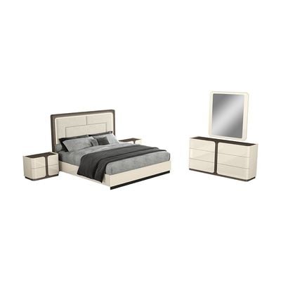 Shine 180X200 King Bed Set w/ LED and 2 Night Stand w/ Dresser Mirror - Beige