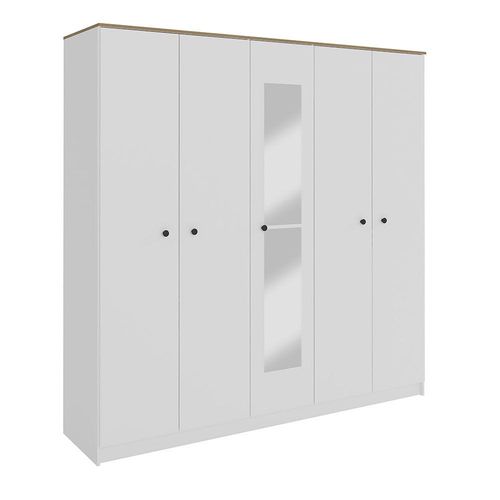 Pera 5 Door Wardrobe - White/Light Oak – With 2-Year Warranty