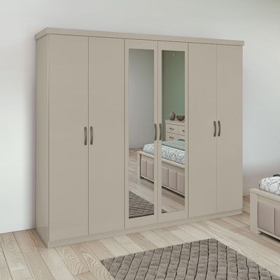 Chloe 6-Door Wardrobe with Mirrors - Taupe - With 2-Year Warranty