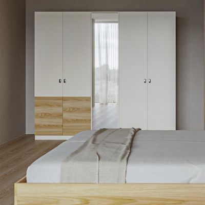 Sacramento 5 Door Wardrobe With Mirror - Beige / Oak