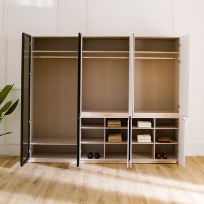 Grand 6-Door Wardrobe with 2 Glass Doors and LED - Soft Beige - With 2-Year Warranty