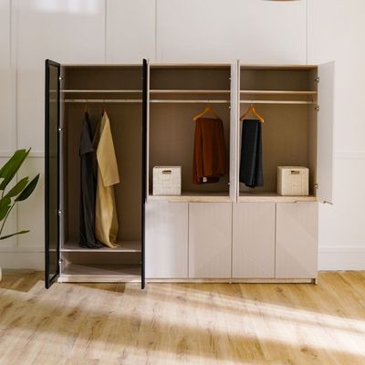 Grand 6-Door Wardrobe with 2 Glass Doors and LED - Soft Beige - With 2-Year Warranty