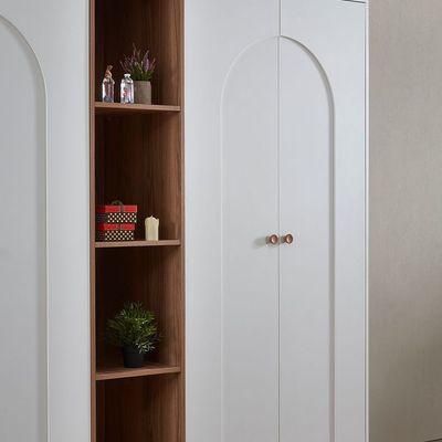 Ren 4 Door Wardrobe + cabinet with open shelves - Natural Walnut/White