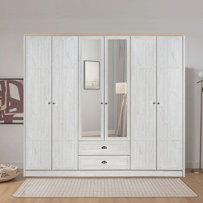 Cambridge 6 Door Wardrobe W/2 Drawers & Mirror-Oak & White Oak