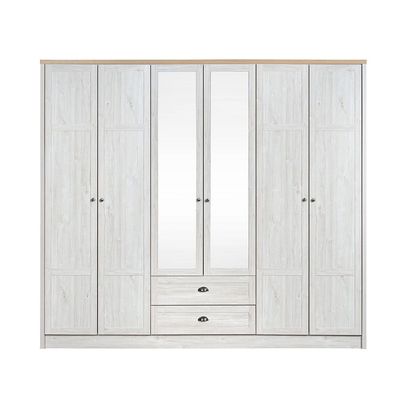 Cambridge 6 Door Wardrobe W/2 Drawers & Mirror-Oak & White Oak