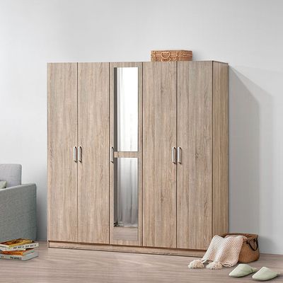 Supreme 5-Door Wardrobe with Mirror - French Sonoma Oak - With 2-Year Warranty