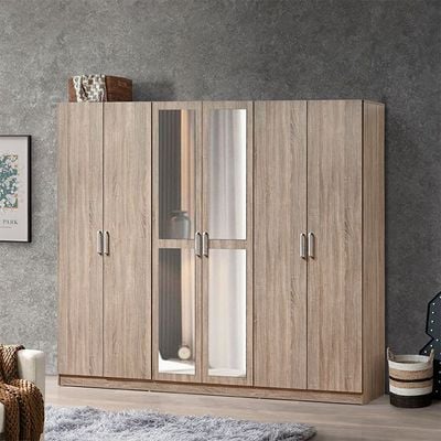 Supreme 6-Door Wardrobe with Mirror - French Sonoma Oak - With 2-Year Warranty