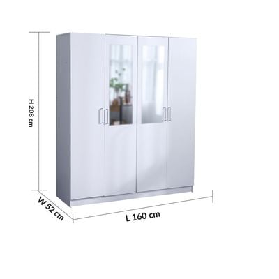 Supreme 4-Door Wardrobe with Mirror - White - With 2-Year Warranty