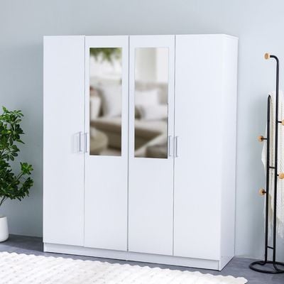 Supreme 4-Door Wardrobe with Mirror - White - With 2-Year Warranty