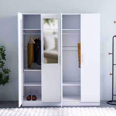 Supreme 4-Door Wardrobe with Mirror - White - With 2-Year Warranty