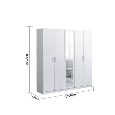 Supreme 5-Door Wardrobe with Mirror - White - With 2-Year Warranty