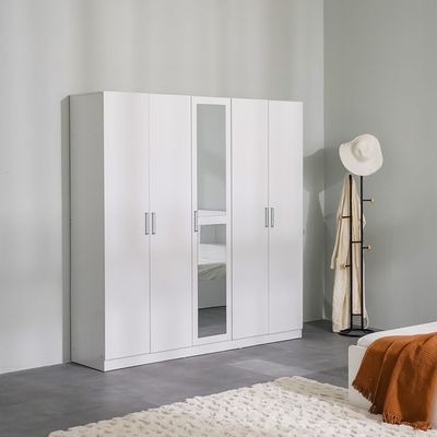 Supreme 5-Door Wardrobe with Mirror - White - With 2-Year Warranty