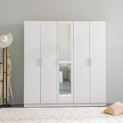 Supreme 5-Door Wardrobe with Mirror - White - With 2-Year Warranty