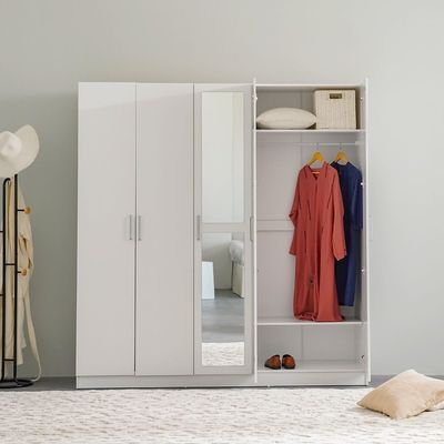 Supreme 5-Door Wardrobe with Mirror - White - With 2-Year Warranty