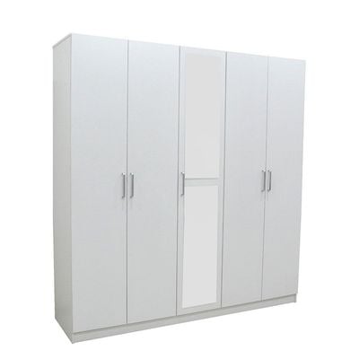 Supreme 5-Door Wardrobe with Mirror - White - With 2-Year Warranty