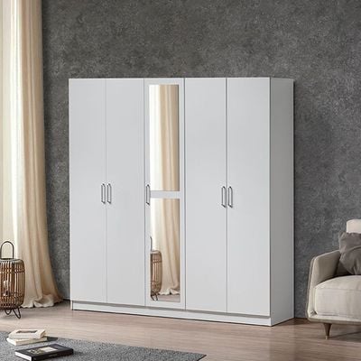 Supreme 5-Door Wardrobe with Mirror - White - With 2-Year Warranty