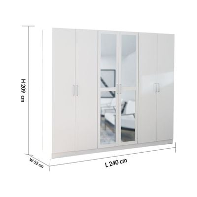 Supreme 6-Door Wardrobe with Mirror - White - With 2-Year Warranty