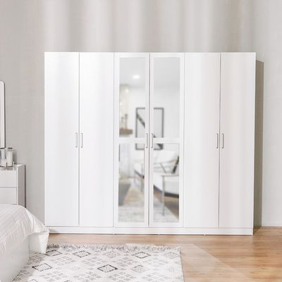 Supreme 6-Door Wardrobe with Mirror - White - With 2-Year Warranty