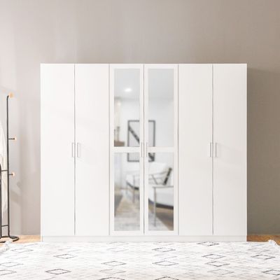 Supreme 6-Door Wardrobe with Mirror - White - With 2-Year Warranty