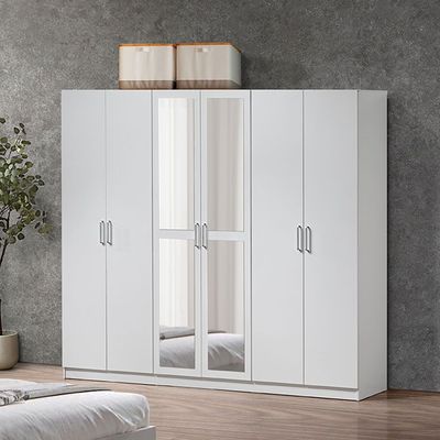 Supreme 6-Door Wardrobe with Mirror - White - With 2-Year Warranty