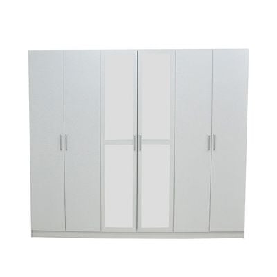 Supreme 6-Door Wardrobe with Mirror - White - With 2-Year Warranty