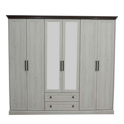 Pioneer 6-Door Wardrobe with 2 Drawers & Mirrors - White Oak + Brown - With 2-Year Warranty