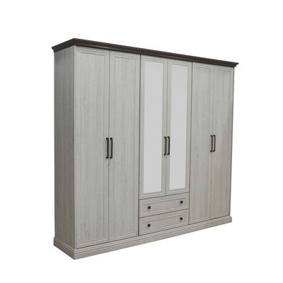 Pioneer 6-Door Wardrobe with 2 Drawers & Mirrors - White Oak + Brown - With 2-Year Warranty