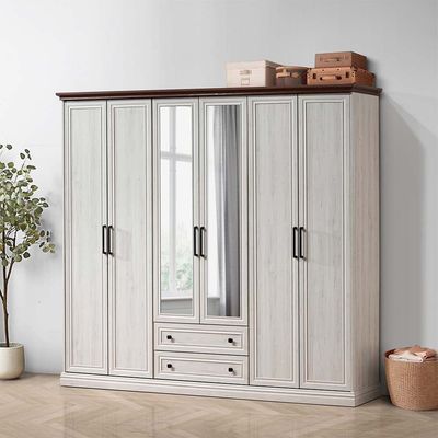 Pioneer 6-Door Wardrobe with 2 Drawers & Mirrors - White Oak + Brown - With 2-Year Warranty