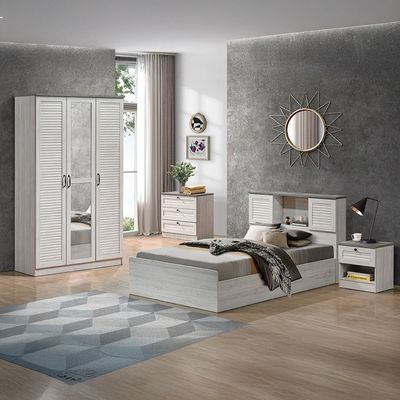 Zenith 3-Door Wardrobe with Drawers & Mirror - White Oak/Cement - With 2-Year Warranty