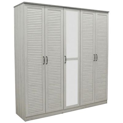 Zenith 5-Door Wardrobe with Drawers & Mirror - White Oak/Cement - With 2-Year Warranty