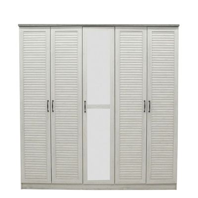 Zenith 5-Door Wardrobe with Drawers & Mirror - White Oak/Cement - With 2-Year Warranty