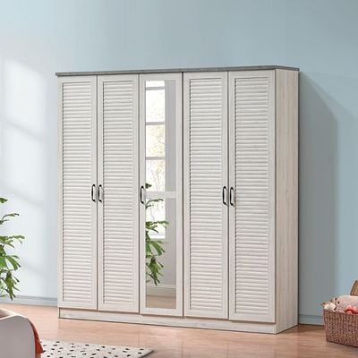 Zenith 5-Door Wardrobe with Drawers & Mirror - White Oak/Cement - With 2-Year Warranty