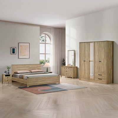 Athens 5-Door Wardrobe with Drawers & Mirror - Light Oak - With 2-Year Warranty