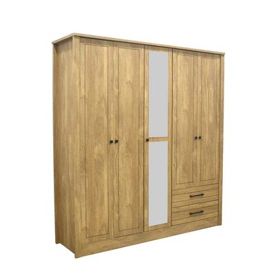 Athens 5-Door Wardrobe with Drawers & Mirror - Light Oak - With 2-Year Warranty