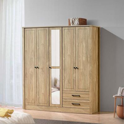 Athens 5-Door Wardrobe with Drawers & Mirror - Light Oak - With 2-Year Warranty