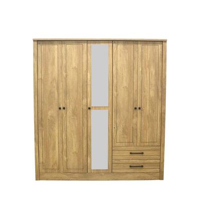 Athens 5-Door Wardrobe with Drawers & Mirror - Light Oak - With 2-Year Warranty