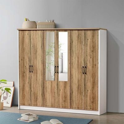 Swann 6-Door Wardrobe with Mirror - Summer Oak/Pearl White - With 2-Year Warranty