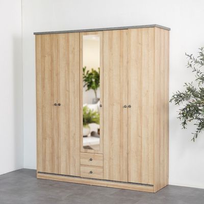 Eden 5 Door Wardrobe W/2Drawers & Mirror-Oak & Cement