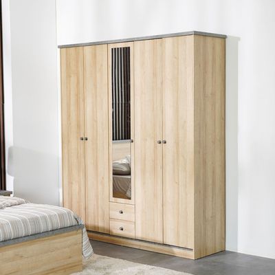 Eden 5 Door Wardrobe W/2Drawers & Mirror-Oak & Cement