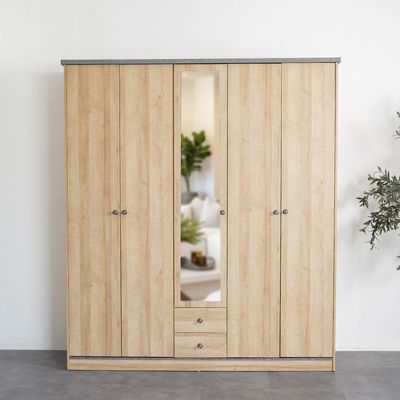 Eden 5-Door Wardrobe with 2 Drawers & Mirror - Oak/Cement - With 2-Year Warranty