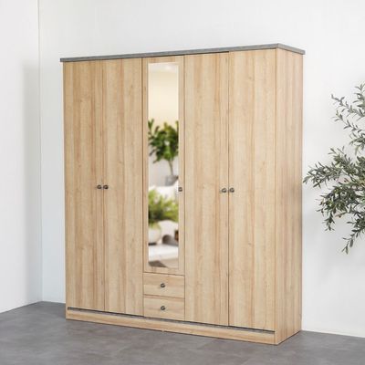Eden 5-Door Wardrobe with 2 Drawers & Mirror - Oak/Cement - With 2-Year Warranty