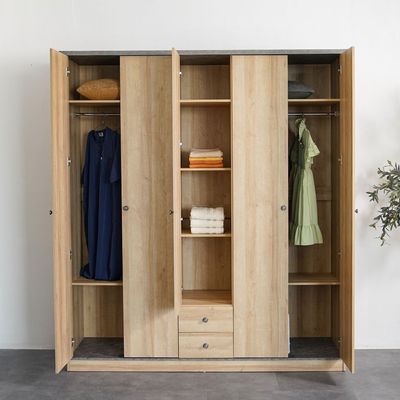 Eden 5-Door Wardrobe with 2 Drawers & Mirror - Oak/Cement - With 2-Year Warranty