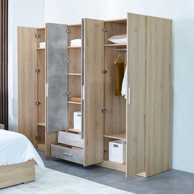 Edison 6 Door Wardrobe W/2 Drawers & 2 Mirrors-Oak+Cement