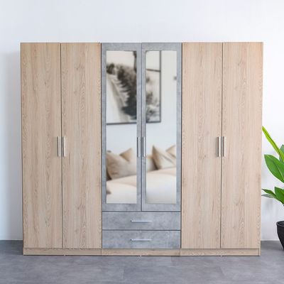 Edison 6 Door Wardrobe W/2 Drawers & 2 Mirrors-Oak+Cement